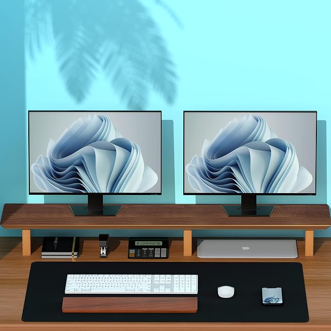 Aothia Large Dual Monitor Stand Riser, Solid Wood Desk Shelf - Image 7