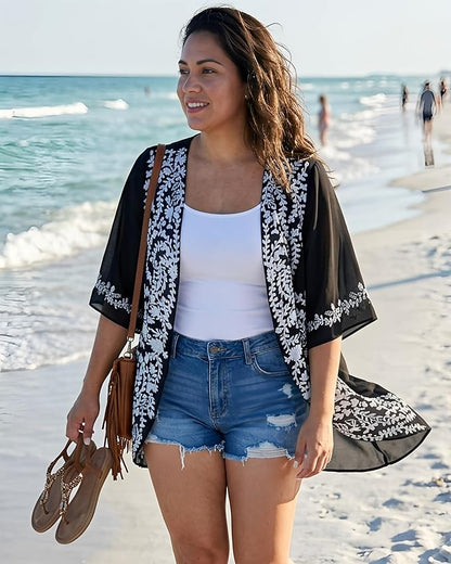 Women's Floral Print Puff Sleeve Kimono Cardigan Loose Cover Up Casual Blouse - Image 5