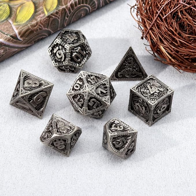 PJOY Metal DND Dice Set Antique Silver Dragon Scale D&D Polyhedral Dice - Image 8