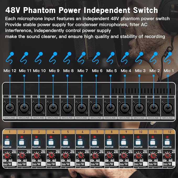 Professional Audio Mixer, 12 Channel Sound Board Mixing Console, Dual DSP - Image 2
