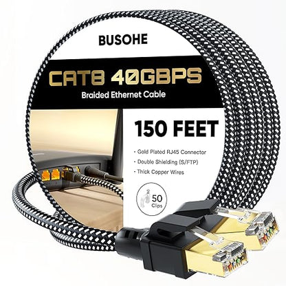BUSOHE Cat 8 Ethernet Cable 150 FT, High Speed 40Gbps 2000Mhz Braided Network by BUSOHE