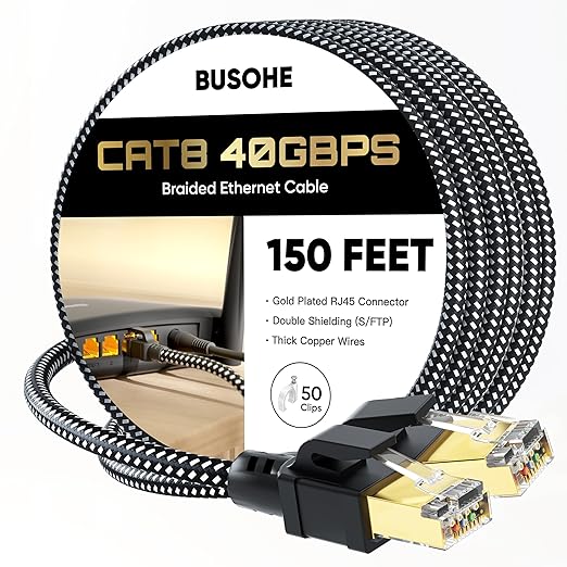 BUSOHE Cat 8 Ethernet Cable 150 FT, High Speed 40Gbps 2000Mhz Braided Network by BUSOHE