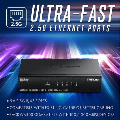 TRENDnet 5-Port 2.5Gb Switch, 5 x 2.5G RJ45 Ports, 25Gbps Switching Capacity - Image 7