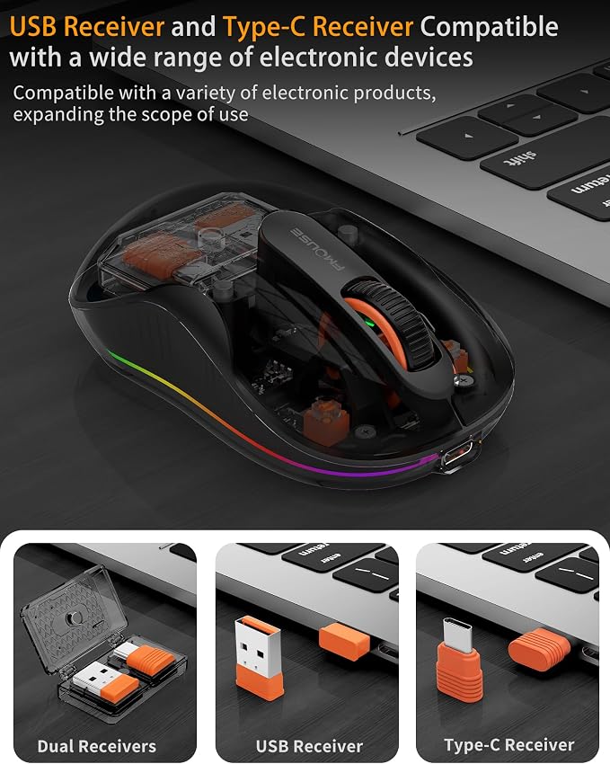 Bluetooth Wireless Mouse, Transparent RGB Tri-Modes Mouse, USB-C Receiver Ideal - Image 4