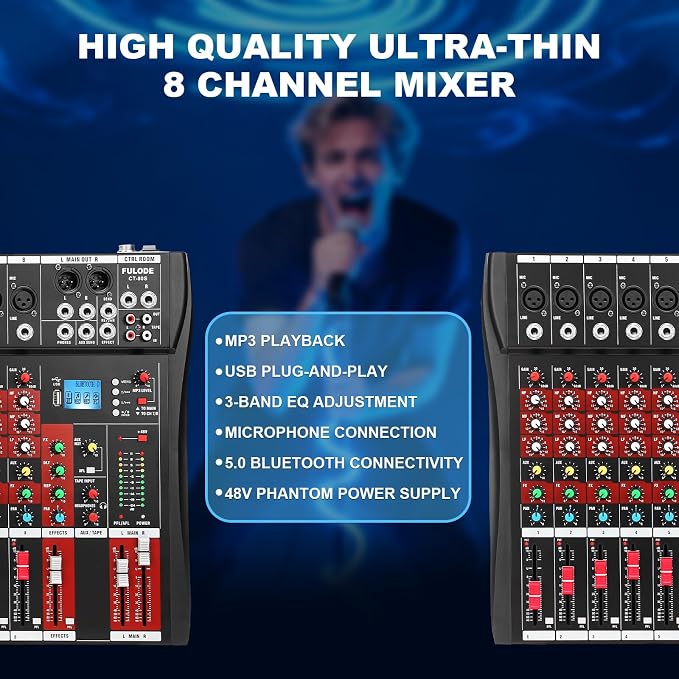 8 Channel Audio Mixer, Professional Music Mixer Board DJ Mixing Console - Image 2