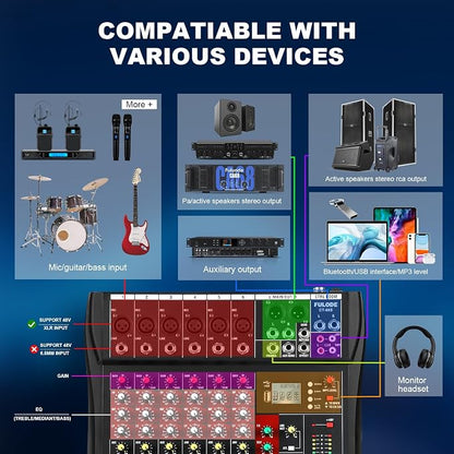 6 Channel Audio Mixer, Professional Music Mixer Board DJ Mixing Console - Image 7