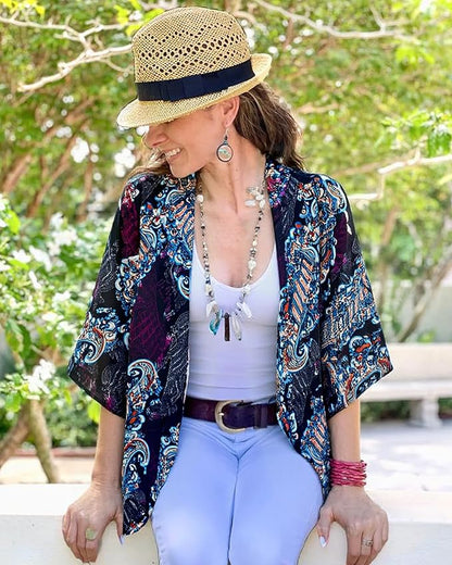 Women's Floral Print Puff Sleeve Kimono Cardigan Loose Cover Up Casual Blouse - Image 2