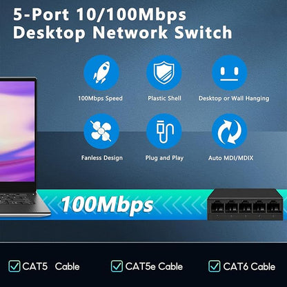 5 Port Fast Ethernet Switch 100Mbps USB 5V Powered Black Plastic Desktop - Image 5