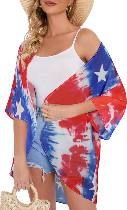 Women's Floral Print Puff Sleeve Kimono Cardigan Loose Cover Up Casual Blouse - Image 4