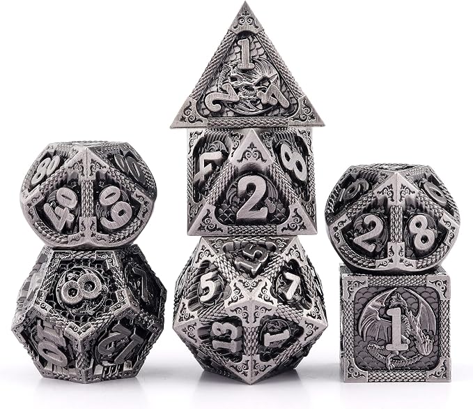 PJOY Metal DND Dice Set Antique Silver Dragon Scale D&D Polyhedral Dice by PJOYDice