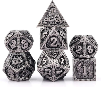 PJOY Metal DND Dice Set Antique Silver Dragon Scale D&D Polyhedral Dice by PJOYDice