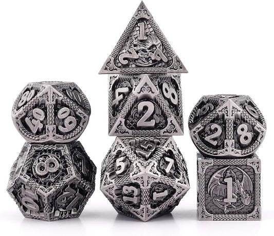 PJOY Metal DND Dice Set Antique Silver Dragon Scale D&D Polyhedral Dice by PJOYDice