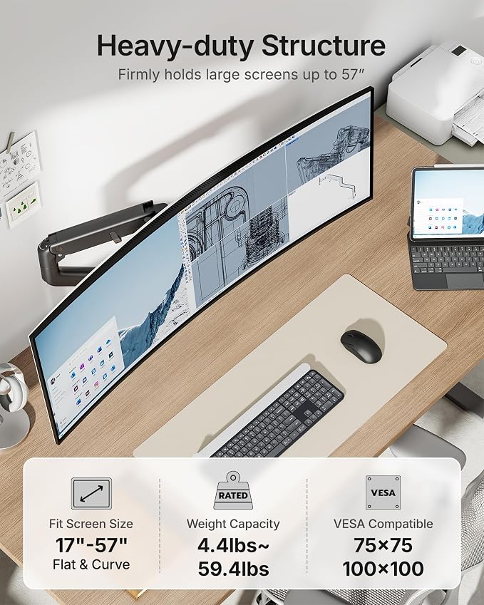 monTEK Single Monitor Arm with USB A/C, Ultrawide Monitor Stand - Image 2