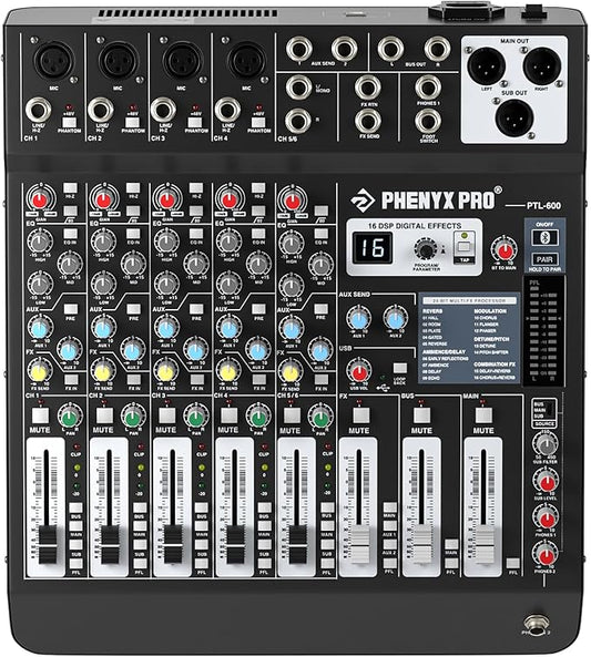 Professional 6-Channel Audio Mixer, Phenyx Pro DJ Sound Mixer Board w/Flexible by PhenyxPro