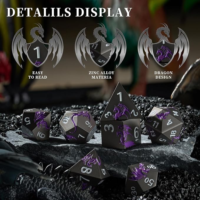 Metal Dice Set D&D, HNCCESG Polyhedral Dice 7 Piece Dice Dragon Metallic DND - Image 4