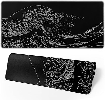 Japanese Sea Wave Large Mouse Pad, Anime Black Gaming, Extended Kanagawa Mat by Brecoy