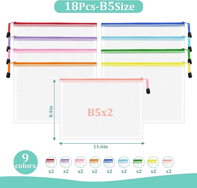 18pcs Mesh Zipper Pouch Bags, B5 Mesh Pouch, 9 Color Zipper Pouches - Image 2