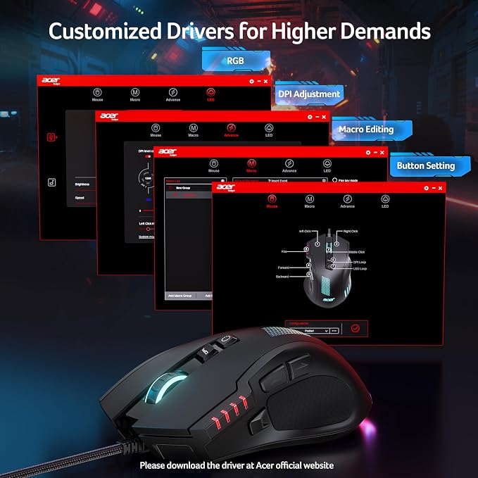 acer Wired Gaming Mouse, 800 DPI RGB Ergonomic Computer Mouse - Image 6