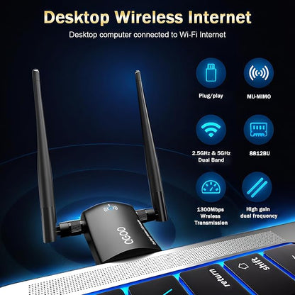 WiFi Adapter for Desktop PC, QGOO Wireless AC1300Mbps USB 3.0 Network Dongle - Image 3