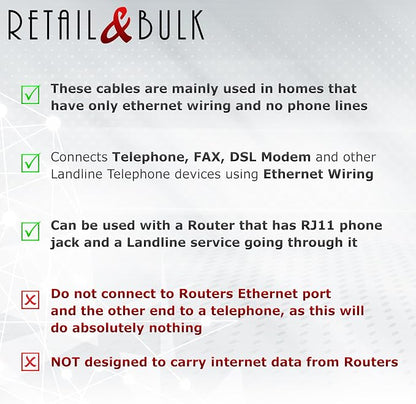 2-Pack Customizable RJ11 to RJ45 Telephone Cable – 2 Inch to 15 FT - Image 2
