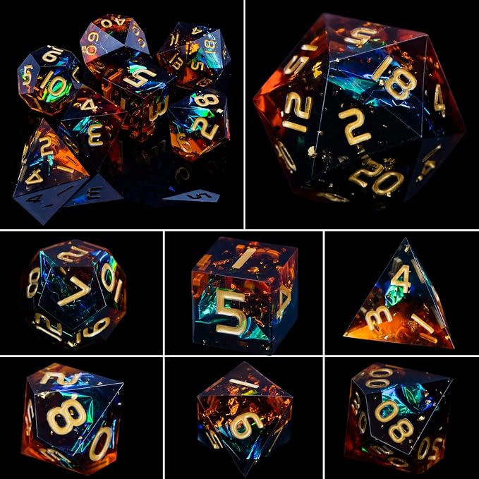 ARUOHHA DND Resin Dice Set 7Pcs Handmade Glitter Inclusions Sharp Edge Dragons - Image 5