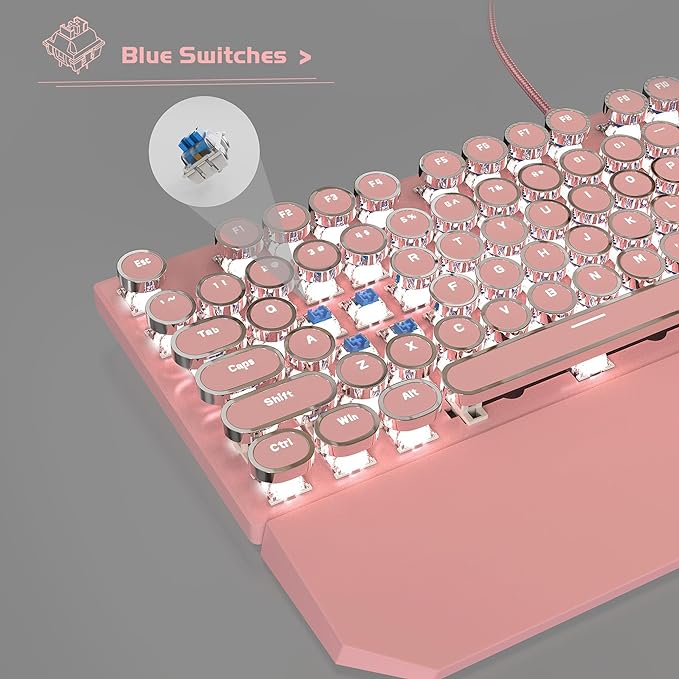 MageGee Typewriter Mechanical Gaming Keyboard, Retro Punk Pink Round Keycaps - Image 4