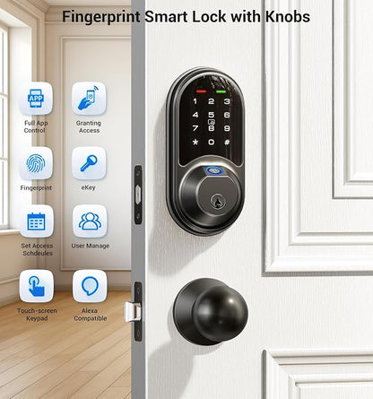 Veise RZ07C Smart Locks for Front Door, 2 Knob Handle Set, Fingerprint Keyless - Image 4