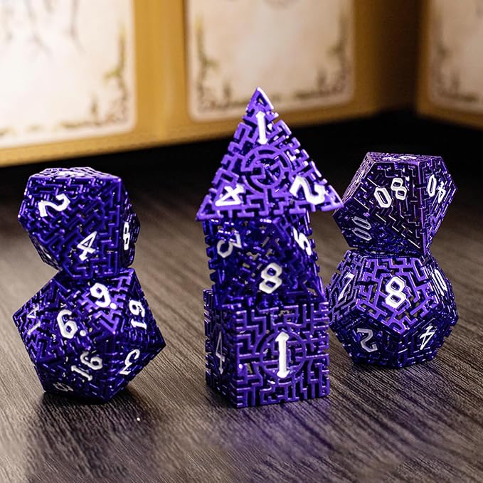 Purple Metal Hollow DND Dice Set Metallic Luster Maze Design - Image 8