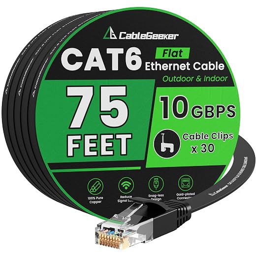 Cat 6 Ethernet Cable 75 ft, Indoor&Outdoor, High Speed 10Gbps Flat Internet by CableGeeker
