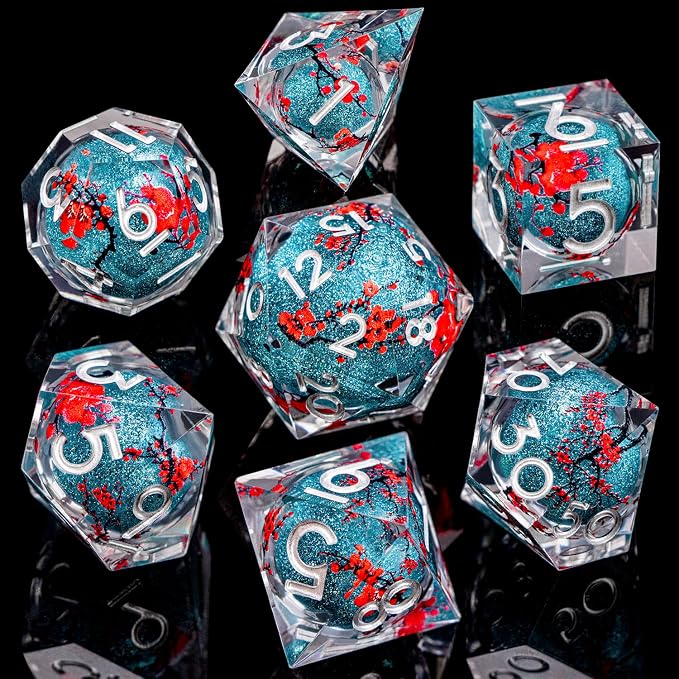 ARUOHHA DND Resin Dice Plum Blossom Liquid Core Dice Silver Blue Sharp Edged - Image 2
