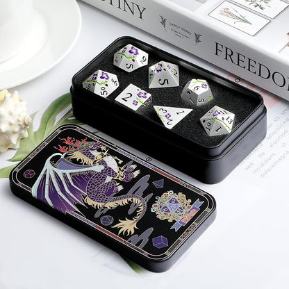 Flower Silver Metal Dice, DNDND 7 PCS Heavy Metallic D&D Dice Set - Image 4
