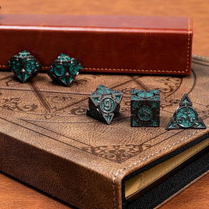 Green Black Nickel Finish Heavy Metal DND Dice Set - Image 4