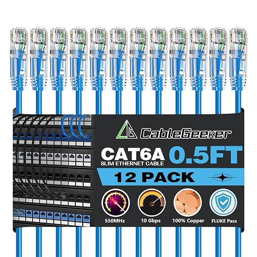 CableGeeker Patch Cables Cat6a 0.5ft Slim, Cat6 Ethernet Patch Cable 10G Support by CableGeeker