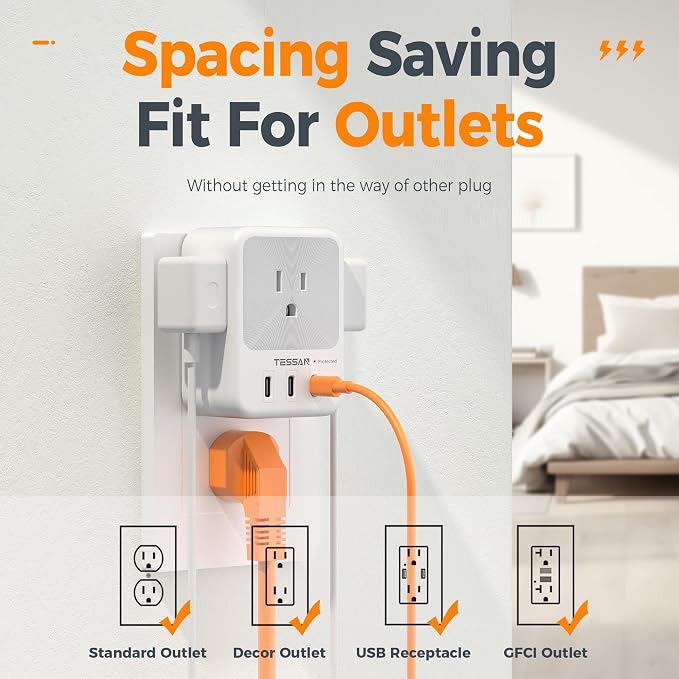 USB Multi Plug Outlet Splitter, TESSAN Surge Protector 4 Outlet Extender - Image 5