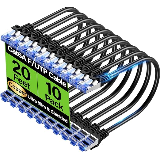 Cat6A Ethernet Cable Shielded 10Gbps 20 ft, Slim Shielded Ethernet Cable Cat 6 by Unknown