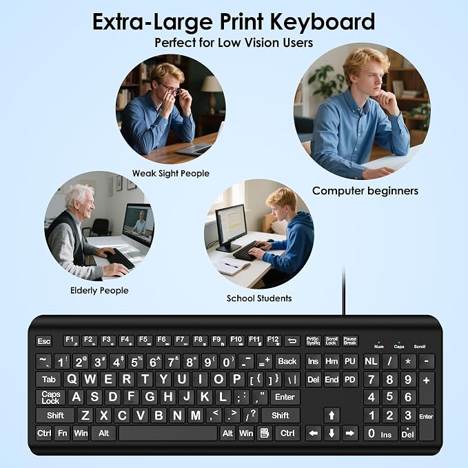 Large Print Computer Keyboard, Wired USB Full Size Quiet Keyboard - Image 7