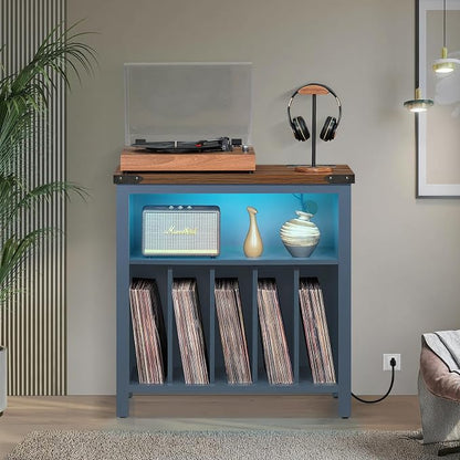 Large Record Player Stand with Charging Station & LED Lights, Vinyl Records - Image 8