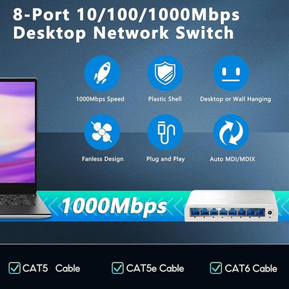 8 Port Gigabit Wired Ethernet Switch 1000Mbps USB 5-12V Powered White Plastic - Image 5