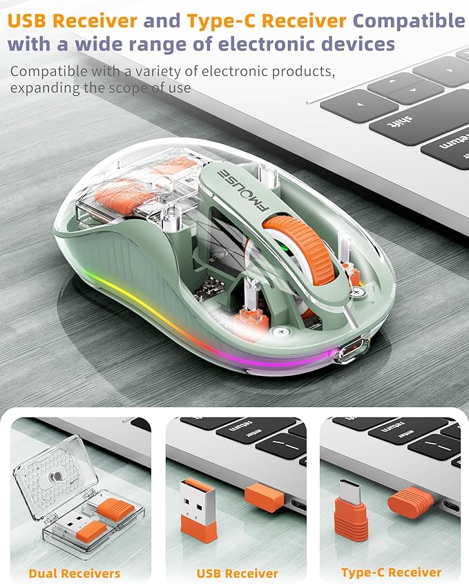 Bluetooth Wireless Mouse, Transparent RGB Tri-Modes Mouse, USB-C Receiver Ideal - Image 4
