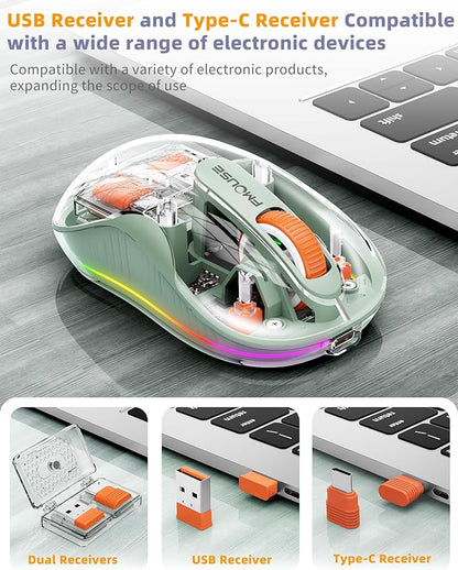 Bluetooth Wireless Mouse, Transparent RGB Tri-Modes Mouse, USB-C Receiver Ideal - Image 4