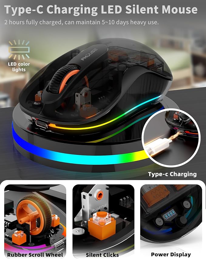 Bluetooth Wireless Mouse, Transparent RGB Tri-Modes Mouse, USB-C Receiver Ideal - Image 5