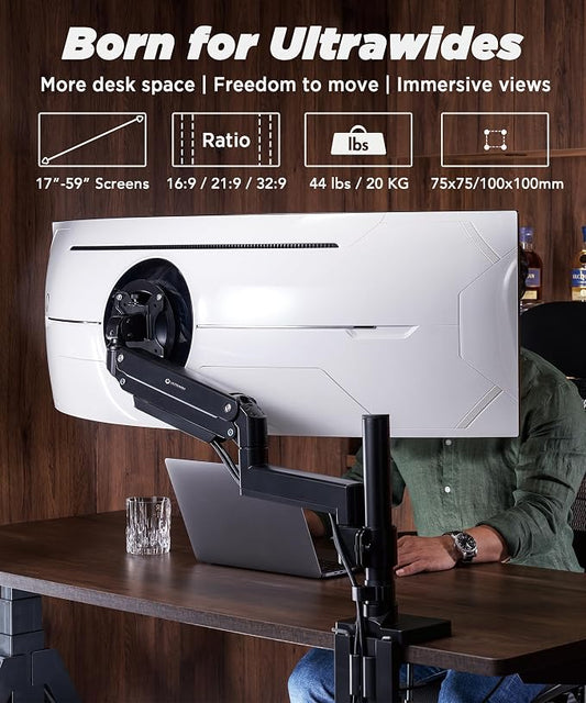 Heavy Duty Monitor Arm for Ultrawide Monitors up to 57" and 44 lbs, Single Desk - Image 2