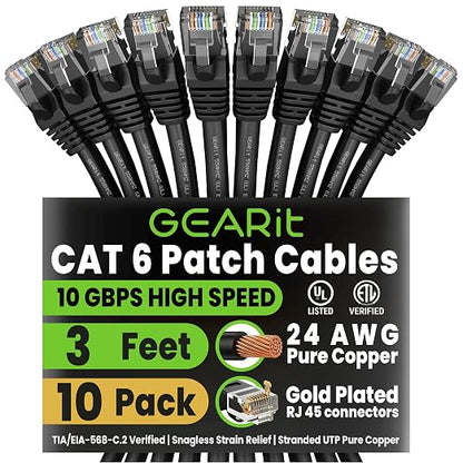 GEARit Cat 6 Ethernet Patch Cable 3 ft Black Cat6 Patch Cables 3ft by GearIT