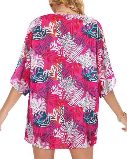 Women's Floral Print Puff Sleeve Kimono Cardigan Loose Cover Up Casual Blouse - Image 5