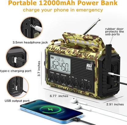 12000mAh/44400mWh Weather Radio, Hand Crank Emergency Radio Portable AM FM - Image 3