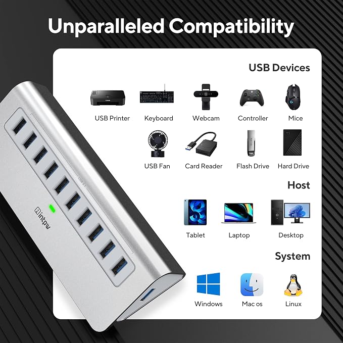 Powered USB Hub, intpw 10 Port USB 3.1 Hub - Image 6