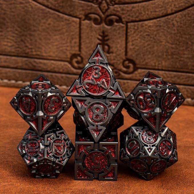 Red Black Nickel Finish Heavy Metal DND Dice Set - Image 5