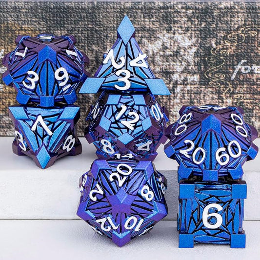 7PCS Metal DND Dice Set with Box, Debris RPG Blue White D and D Dice - Image 2