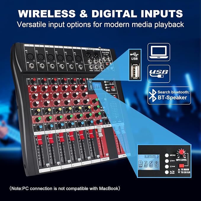 6 Channel Audio Mixer, Professional Music Mixer Board DJ Mixing Console - Image 3