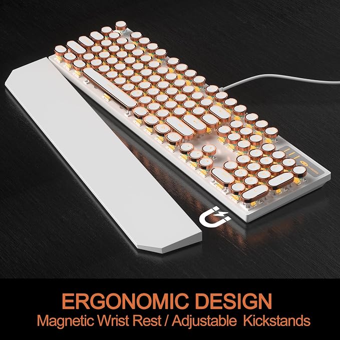 MageGee Typewriter Mechanical Gaming Keyboard, Retro Gold Punk Round Keycaps - Image 7